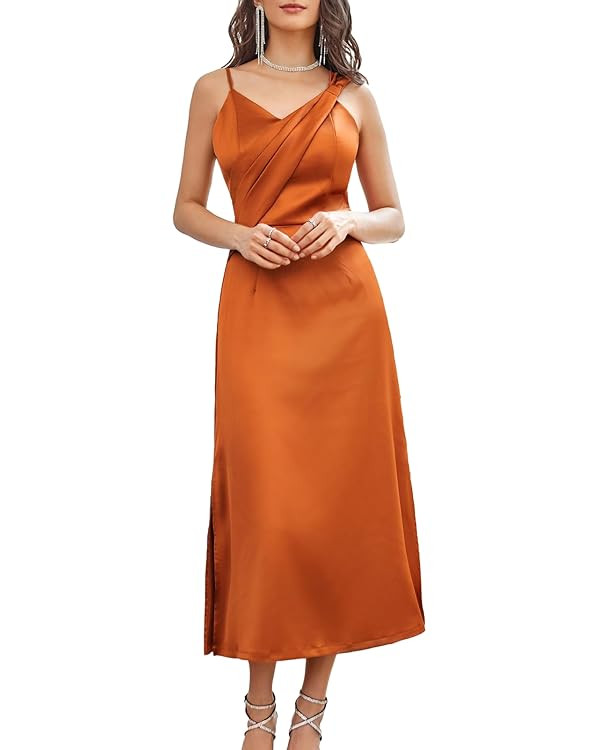 GRACE KARIN Women's 2023 Satin A Line Midi Dress Asymmetric Straps V Neck Slit Cocktail Party Wed... | Amazon (US)