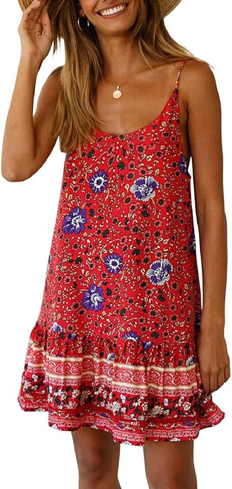 SHIBEVER Women's Dresses Bohemian Floral Printed Spaghetti Strap Sun Dress Summer Beach Swing Min... | Amazon (US)