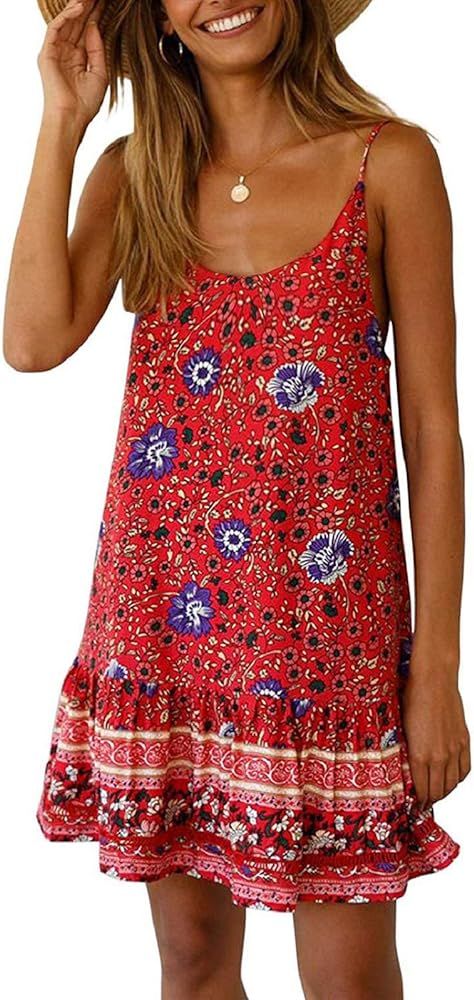 SHIBEVER Women's Dresses Bohemian Floral Printed Spaghetti Strap Sun Dress Summer Beach Swing Min... | Amazon (US)