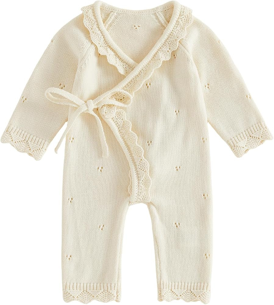 Newborn Baby Girl Coming Home Outfit Fall Winter Clothes Wrap Side Tie Knit Sweater Romper Long S... | Amazon (US)