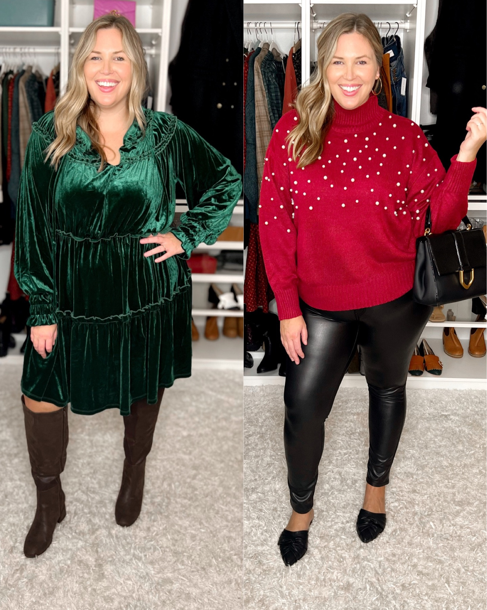 Green velvet dress is beautiful and perfect for any occasion! Runs big, if unsure size down. Ashley Dorough is wearing a size 18/20 and it is very generous. Wide calf boots are incredibly comfy and chic. Red pearl embellished sweater runs true to size, and faux leather pants run small so size up! 

#LTKcurves #LTKHoliday #LTKunder50