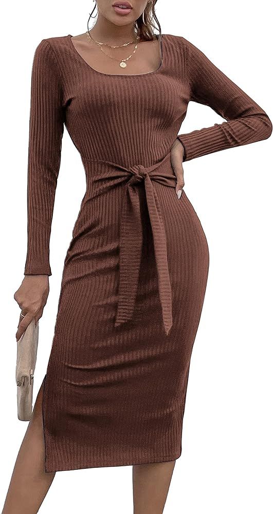 PRETTYGARDEN Women's Long Sleeve Square Neck Slit Bodycon Sweater Dress Tie Waist Ribbed Slim Fit Kn | Amazon (US)