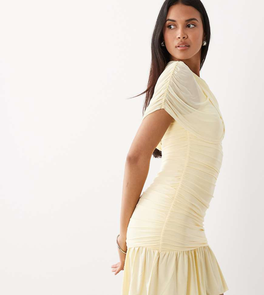 Kaiia exclusive double layered slinky cape detail ruffle hem mini dress in lemon-Yellow | ASOS (Global)