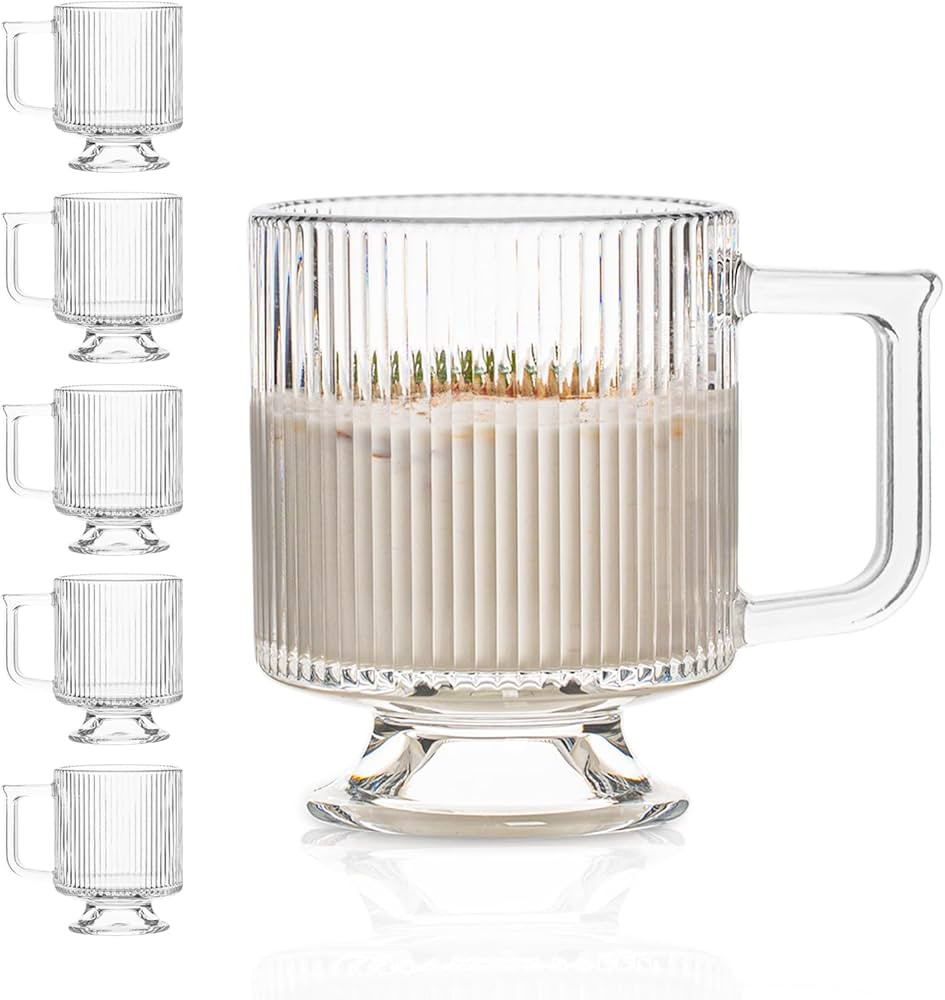 INSETLAN 6-Piece Ribbed Glass Coffee Mug Set, 10 oz Clear Glass Tea Cups with Handle, Modern Vert... | Amazon (US)