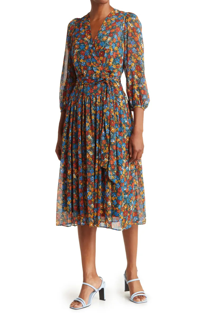 Calvin Klein Surplice Neck Three-Quarter Sleeve Floral Print Faux Wrap Midi Dress | Nordstromrack | Nordstrom Rack