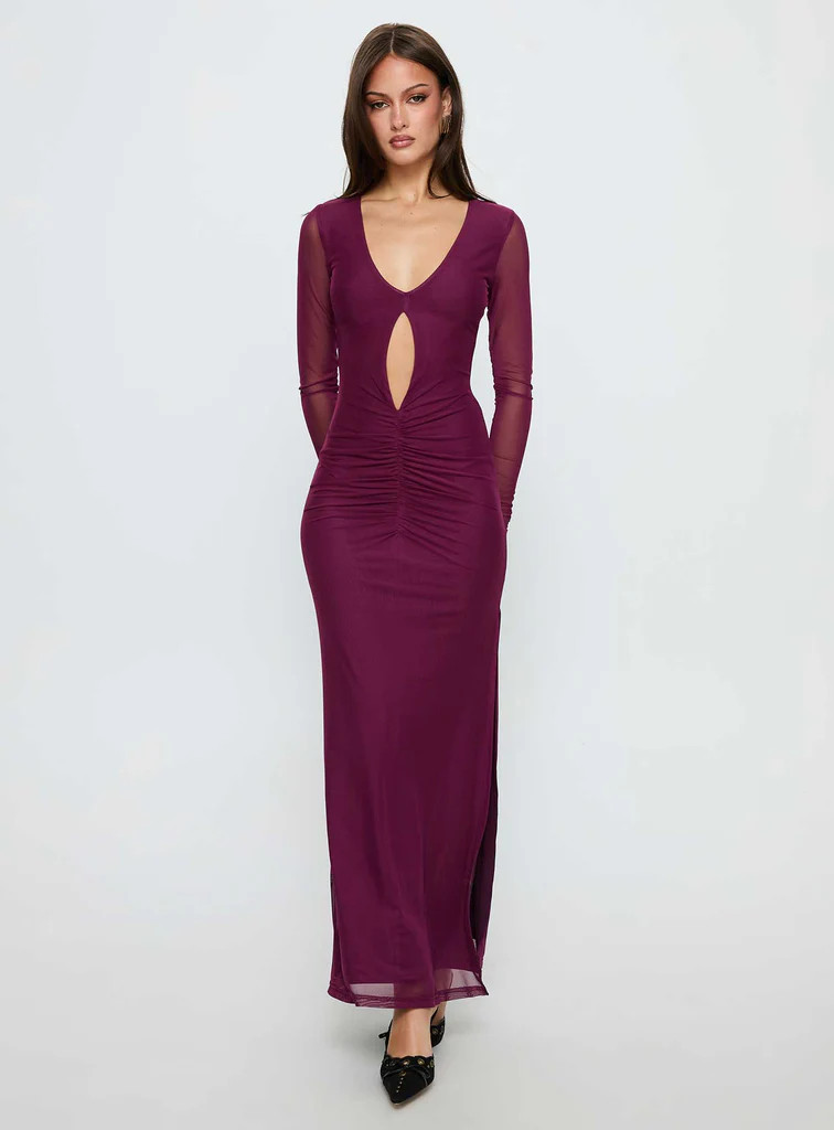 Darkside Long Sleeve Cut Out Plunge Maxi Dress Plum | Princess Polly US