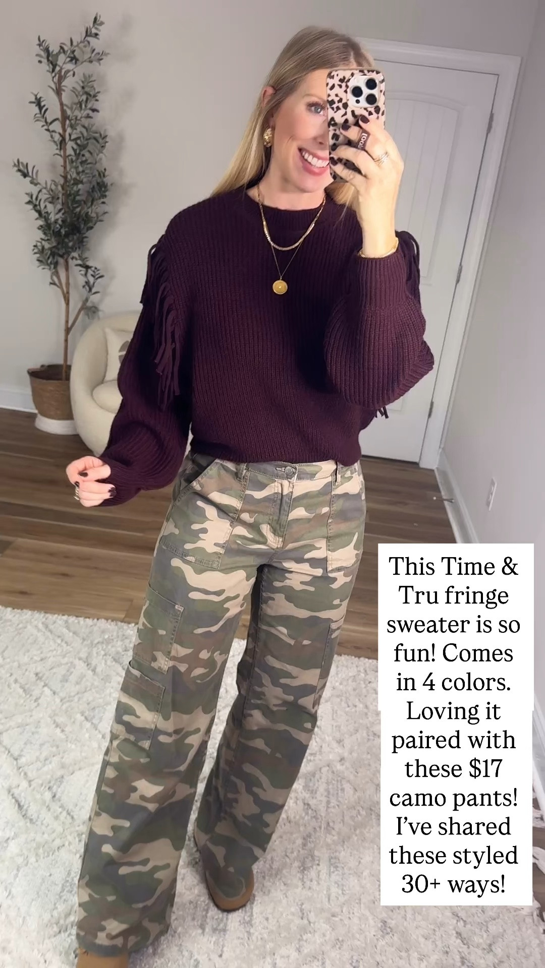 Walmart try on, time and tru, fringe sweater, camo pants 

Small in both 

#LTKWorkwear #LTKFindsUnder50 #LTKStyleTip