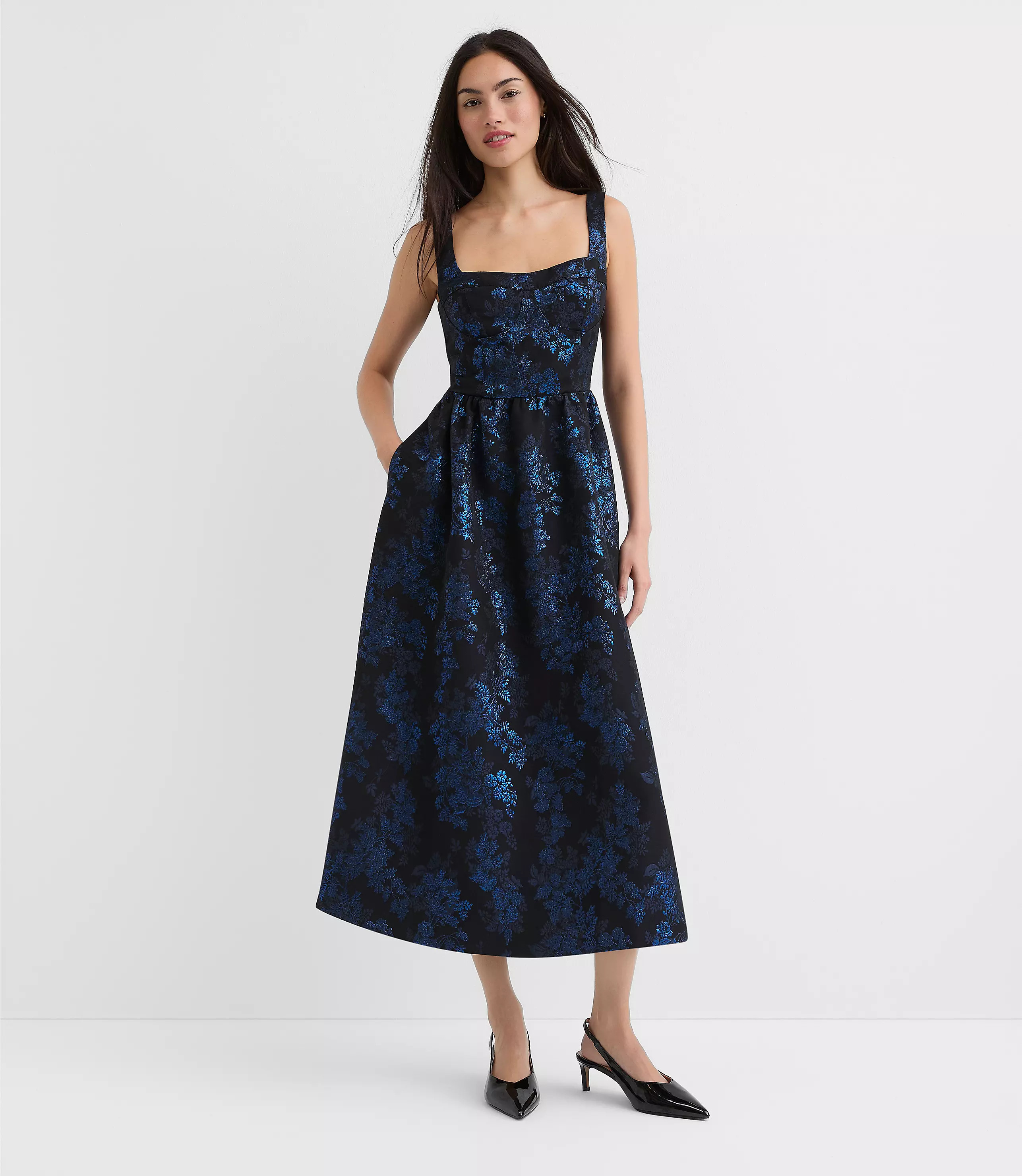 Shimmer Floral Corset Seamed Midi Pocket Dress | LOFT