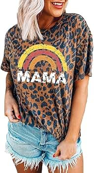 Women Cool Mom Shirt Funny Leopard Print Shirt Cute Round Neck Short Sleeve Animal Pattern Mama T... | Amazon (US)