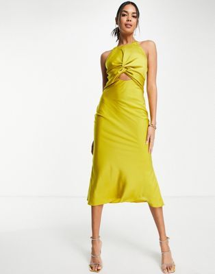 ASOS DESIGN knot front satin midi dress with tie back detail in olive | ASOS (Global)