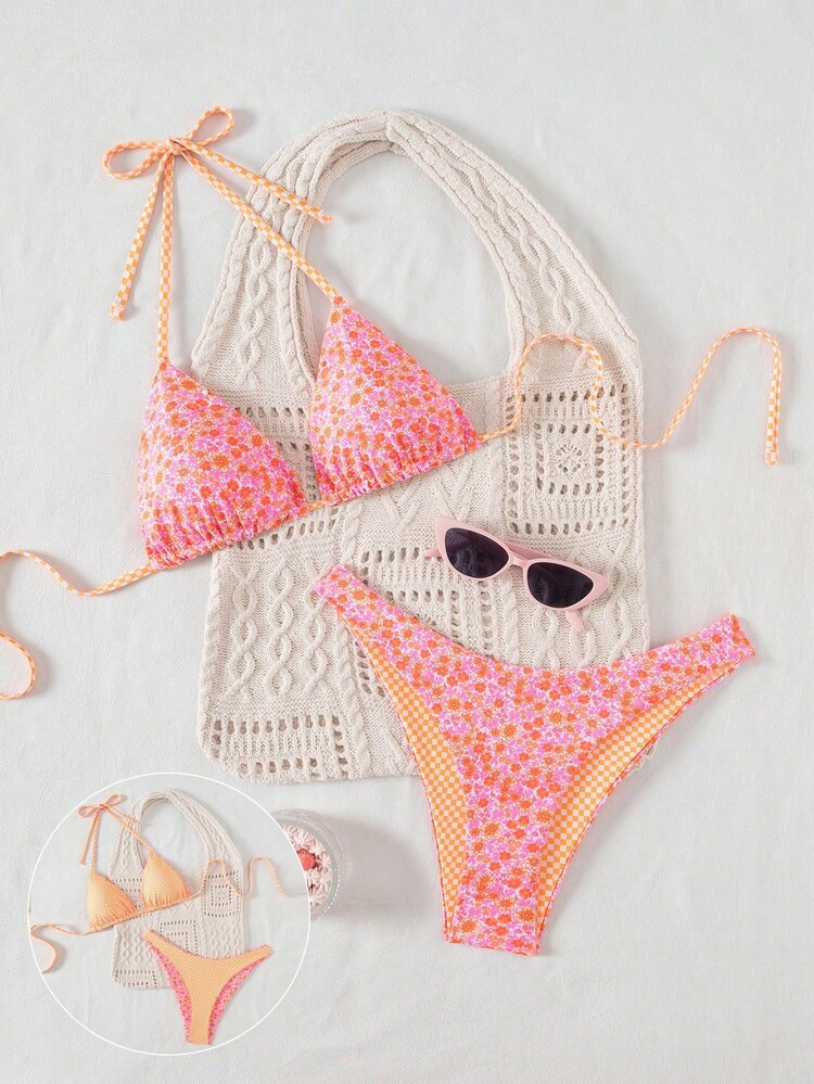 SHEIN Swim Mod Springbreak Women's Cute & Sexy Printed Reversible Triangle Bikini Swimwear Set, Side Tie Swim Shorts, Adjustable 2 Pieces Beach Holiday Outfit, Boho Festival For Summer Beach Vacation | SHEIN