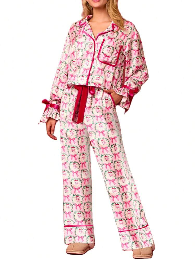 Christmas Pajamas For Women Bow Tie Long Sleeve Shirt Tops And Pants Satin Silk Funny Graphic 2 P... | SHEIN
