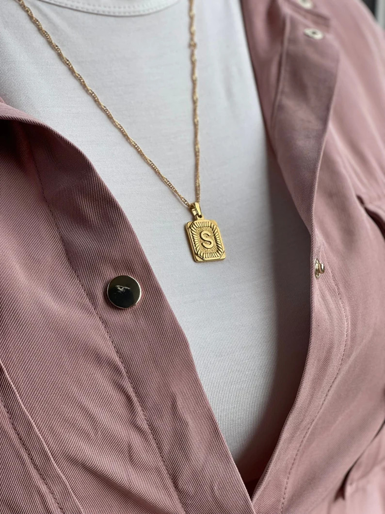 18K Gold Initial Letter Necklace Medal Gold Initial Letter - Etsy | Etsy (US)