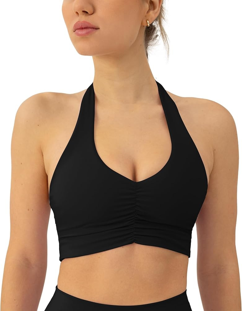PAVOI ACTIVE Ruching Workout Halter Bra for Women - Low Support V Neck Yoga Backless Sports Bra P... | Amazon (US)