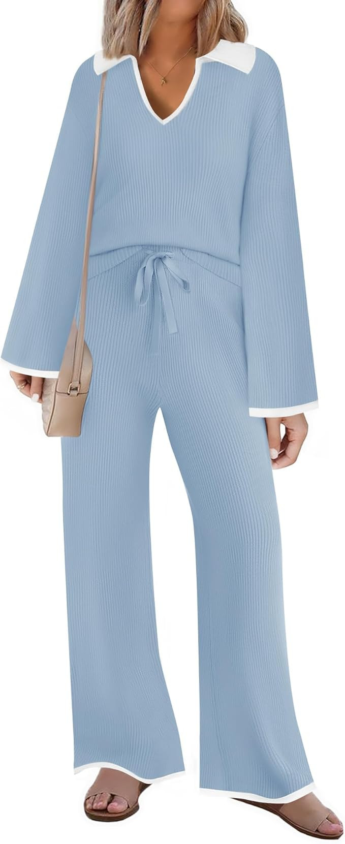 ZESICA Women's Two Piece Thin Sweater Lounge Sets 2024 Fall Winter Oversized Knit Pullover Wide L... | Amazon (US)