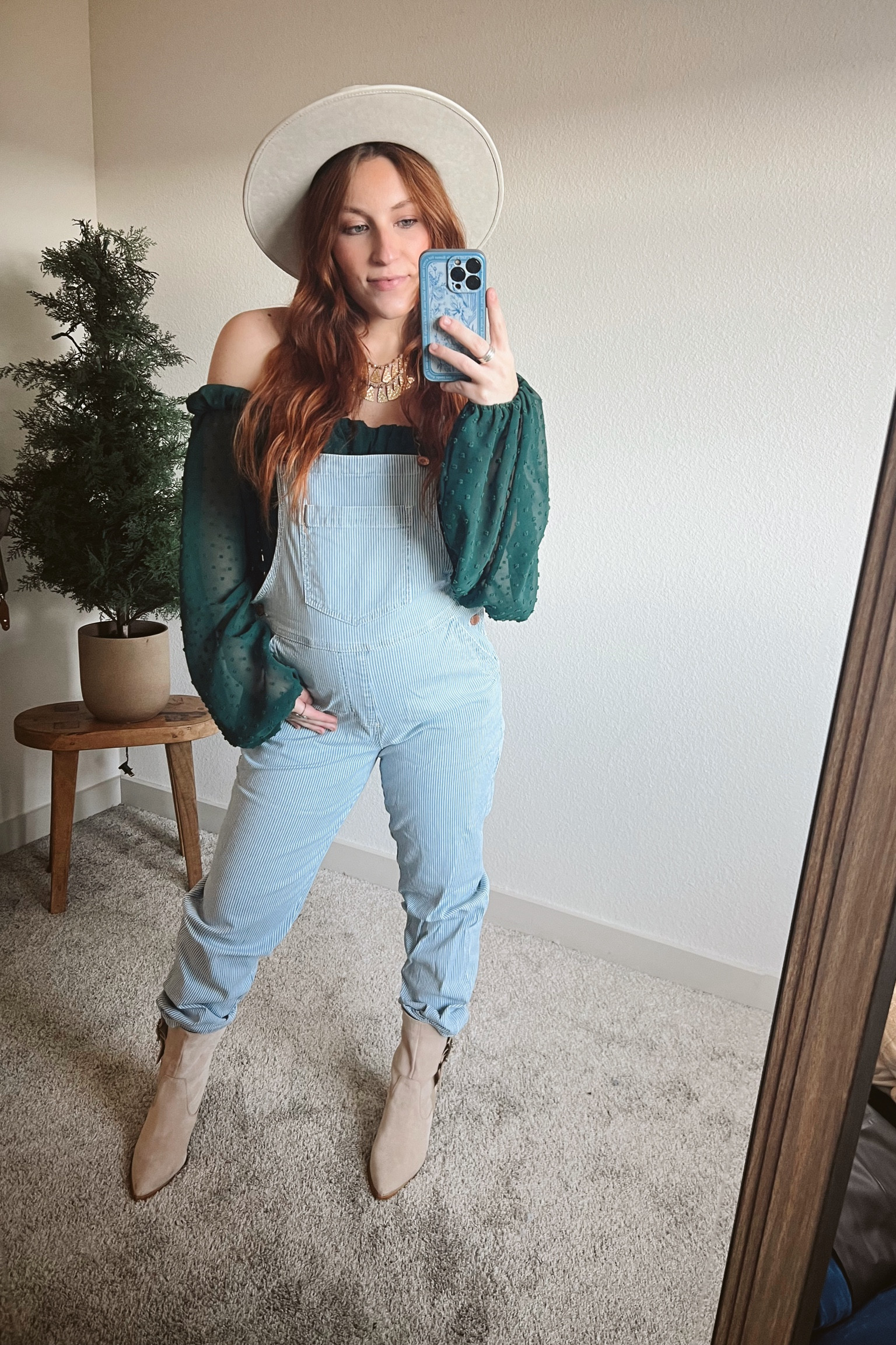 My OOTD - Target pinstripe overalls - SHEIN off the shoulder green crop top - SHEIN beige booties - ASN Los Angeles Hat - Boho Jewelry - boho country vibe - maternity outfit 

#LTKstyletip #LTKshoecrush #LTKbump
