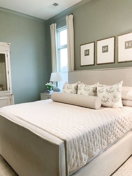 Master bedroom decor. Mix of high and low! Southern garden inspired bedroom pillows, and art. Amazon bedding. Wall color: blue gray by farrow & ball 

#LTKhome