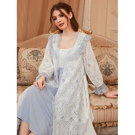 Royal Blue and White Women s Contrast Lace Eyelet Embroidered Dress Ruffle Trim Belted Robe PJ Set L | Walmart (US)
