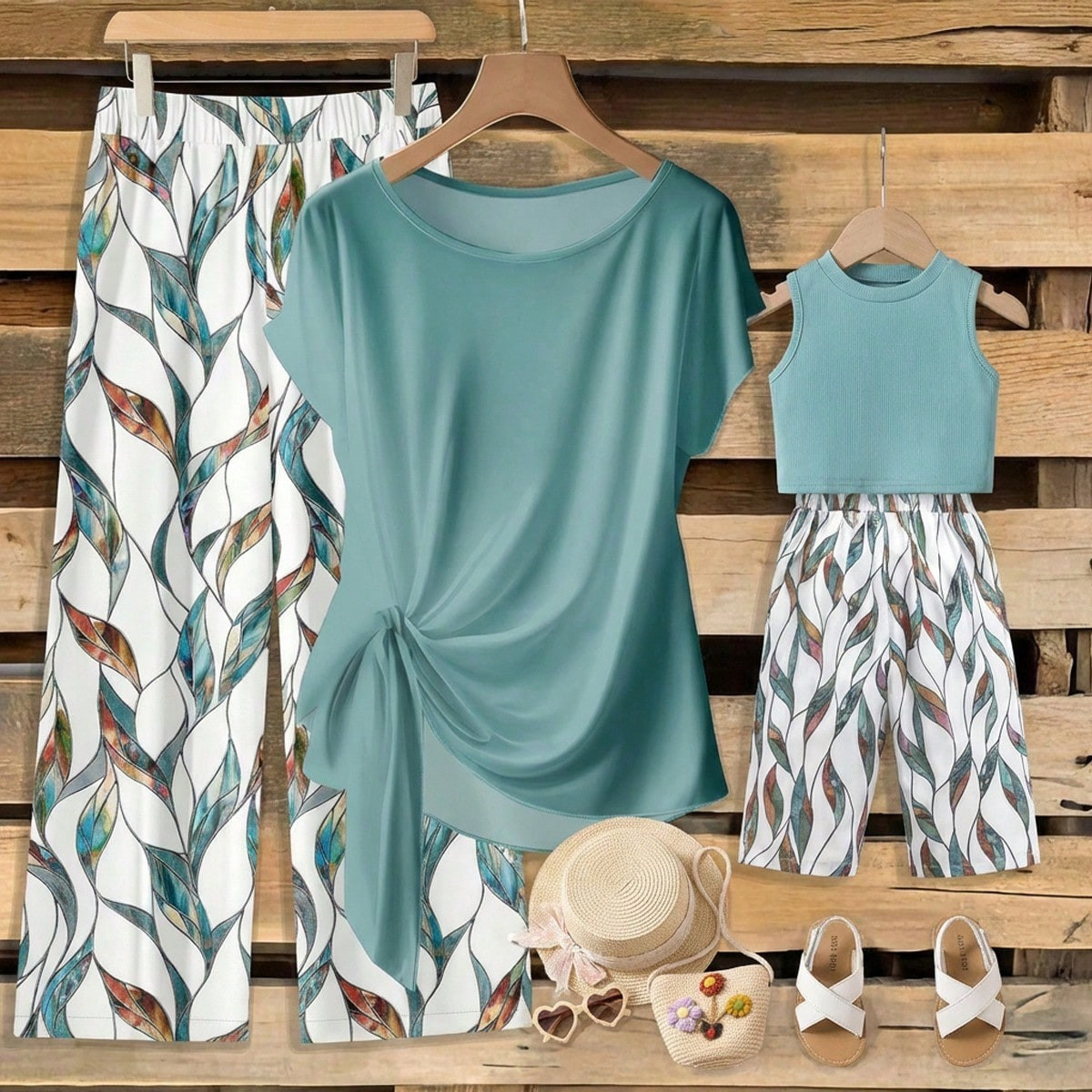 SHEIN Clasi Summer Outfits 2pcs Women Casual Minimalist Green Bowknot Shirt & Loose Straight Geometric Print Pants Set, Suitable For Early Autumnsummer Outfits, Spring Outfit, Beach Outfit, Festival Outfits, Vacation Outfits, Office Outfits, Country Outfit | SHEIN