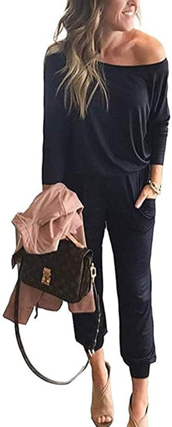 PRETTYGARDEN Women's Casual Long Sleeve Jumpsuit Crewneck One Off Shoulder Elastic Waist Stretchy... | Amazon (US)