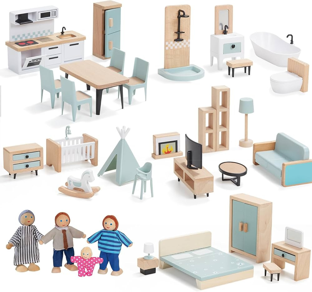 36pcs Wooden Dollhouse Furniture Set with 4 Family Dolls Wood and Plastic, 5 Rooms Blue Dollhouse... | Amazon (US)