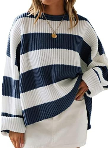 ZESICA Women's 2026 Fall Long Sleeve Oversized Striped Color Block Comfy Loose Crew Neck Knitted ... | Amazon (US)