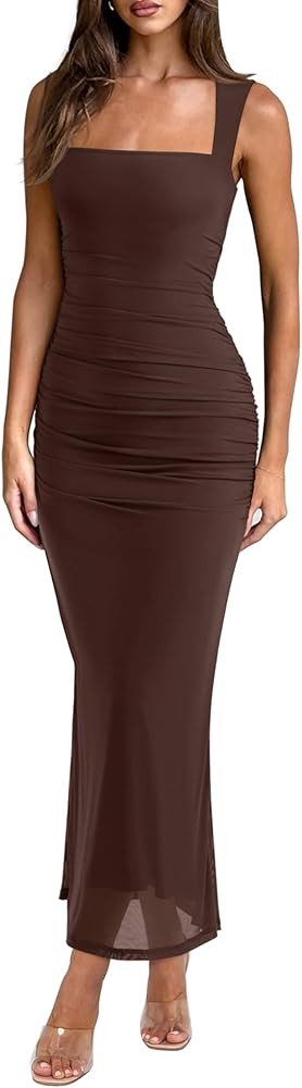 REORIA Summer Wedding Guest Maxi Dresses for Women Sleeveless Square Neck Sheer Mesh Ruched Bodyc... | Amazon (US)