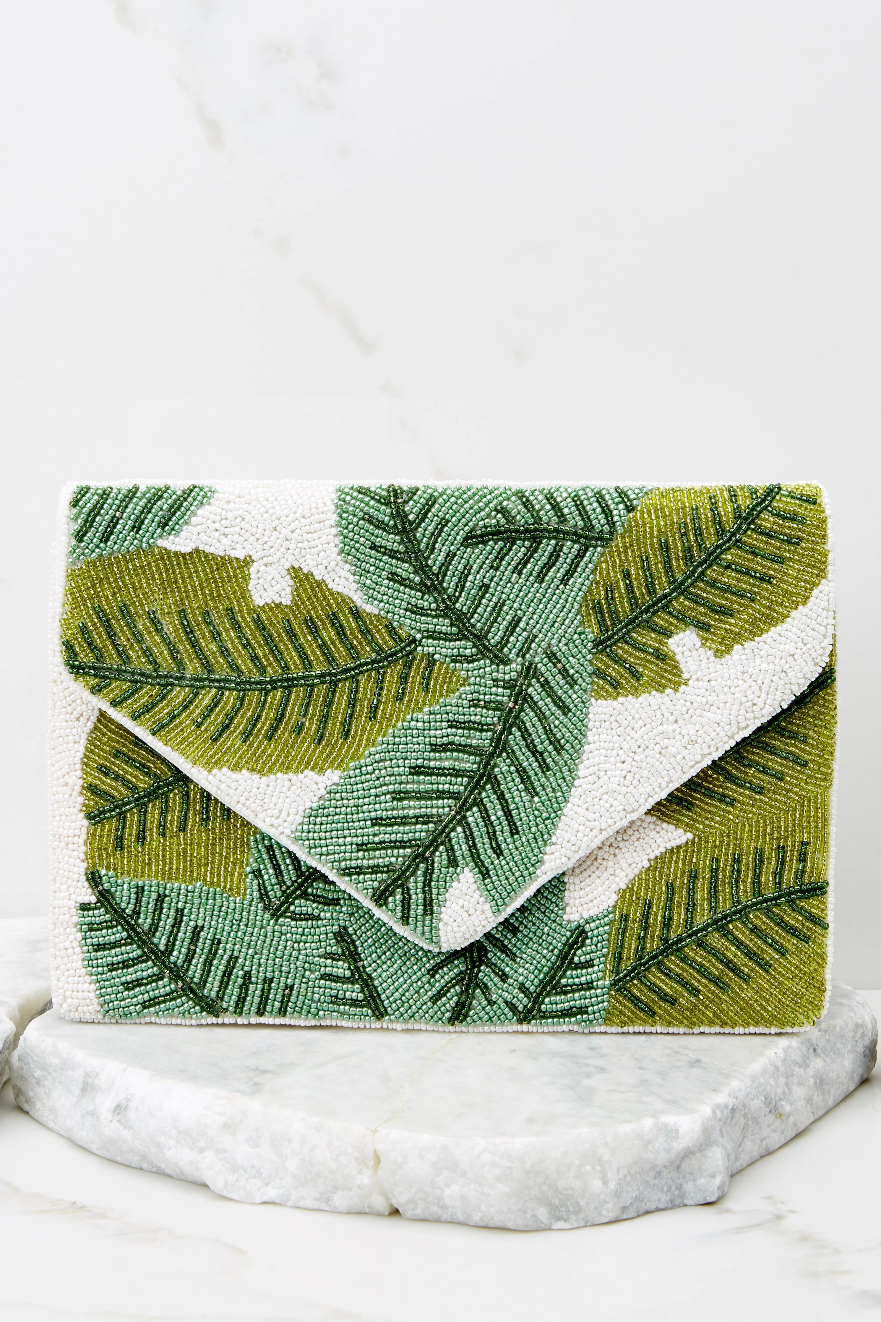 Under The Palm Tree White And Green Beaded Clutch | Red Dress 
