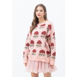 Rosie's Roses Oversize Knit Sweater in Pink | Chicwish