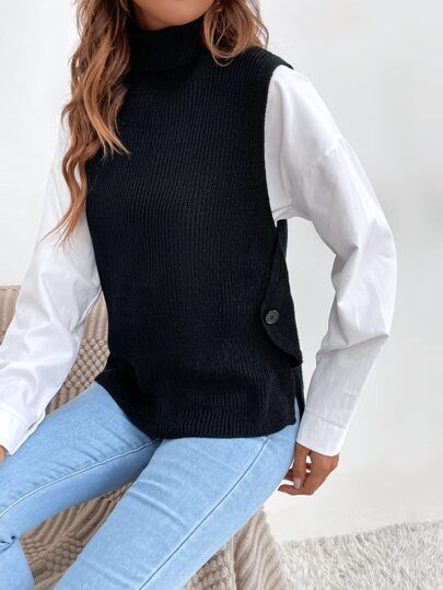 Turtleneck Button Side Sweater Vest Without Blouse | SHEIN