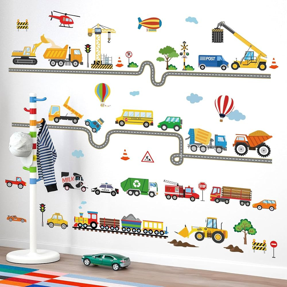 decalmile Car Road Wall Stickers Transports Vehicles Construction Truck Wall Decals Baby Nursery ... | Amazon (US)