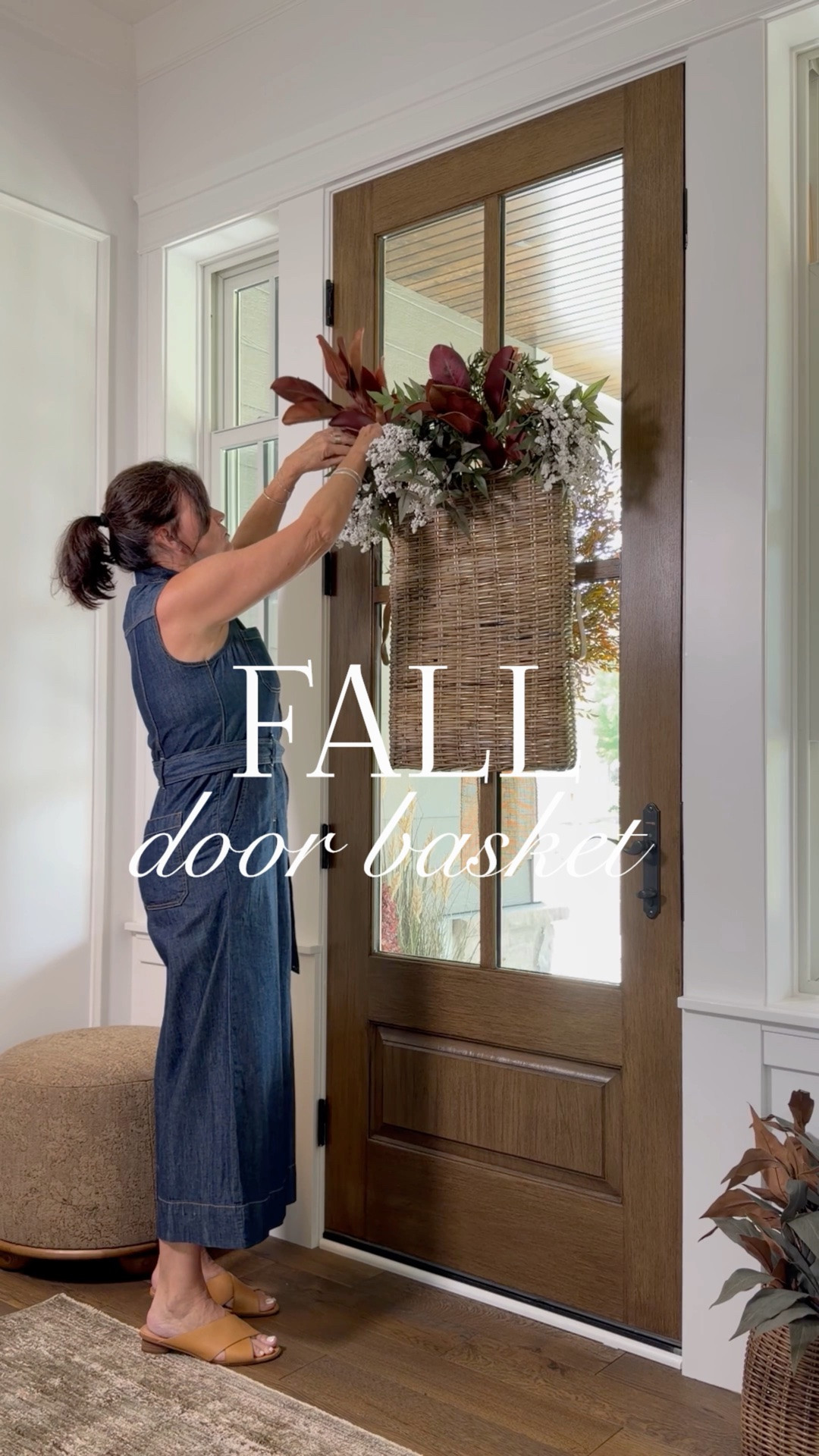 A door basket is a fun alternative to a wreath. I love the size of this one on my door, but it would look beautiful on an empty wall as well. This fall floral arrangement is so easy — 3 of each, berry, fern leaf, magnolia and twig stems. You could leave the twig stem out, but I like the height it gives.

#LTKSeasonal #LTKHome #LTKvlog