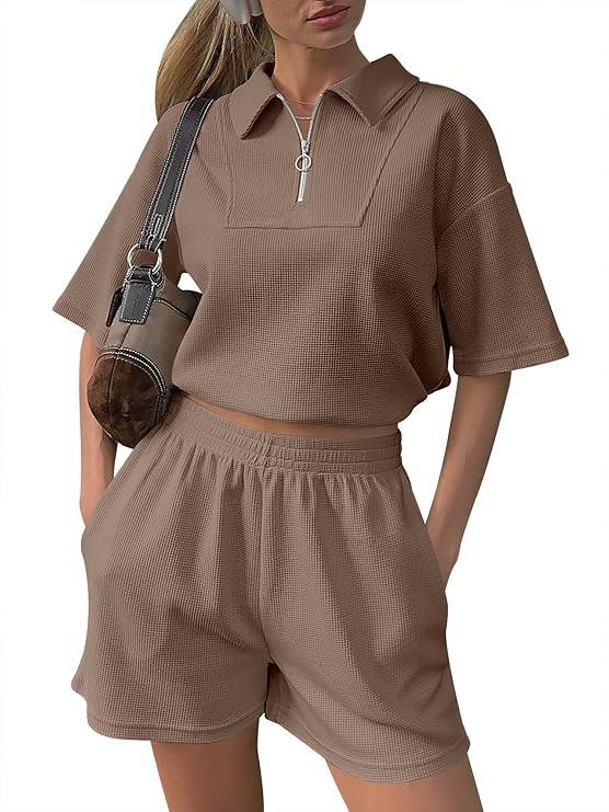 ANRABESS Women's 2 Piece Outfits Half Zip Lapel Collar Short Sleeve Drawstring Crop Tops Short Pa... | Amazon (US)