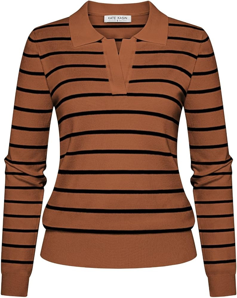 Kate Kasin Women Long Sleeve Polo Sweater V Neck Knitted Tops Casual Ribbed Shirt Loose Pullover ... | Amazon (US)