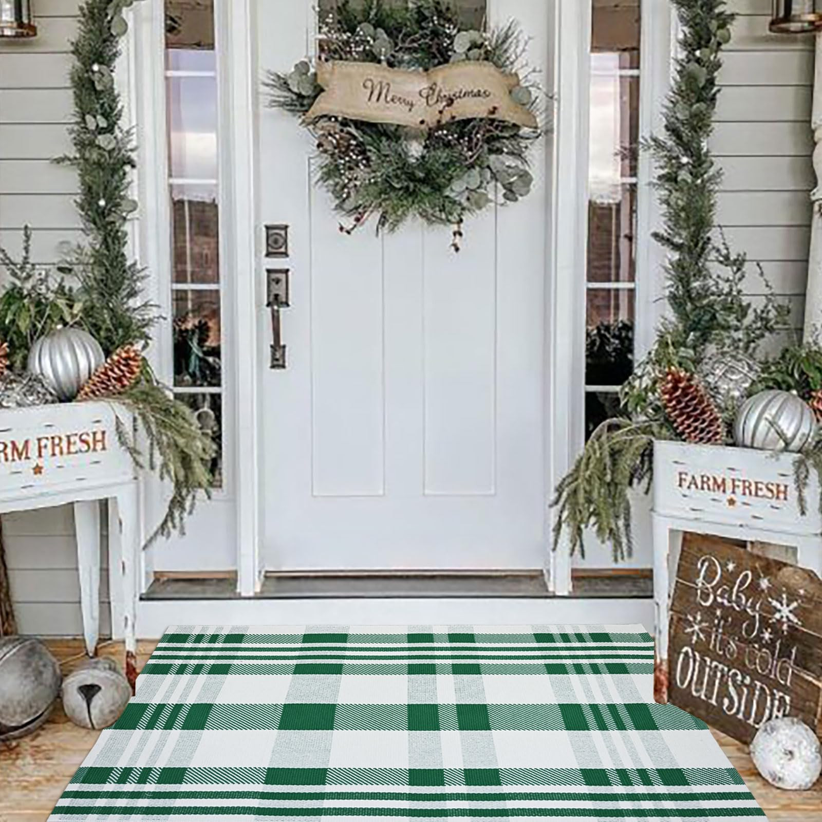 Christmas Plaid Outdoor Rug, 2'4" x 3'7" Green&White Checkered Indoor/Outdoor Area Rug, Layering ... | Amazon (US)