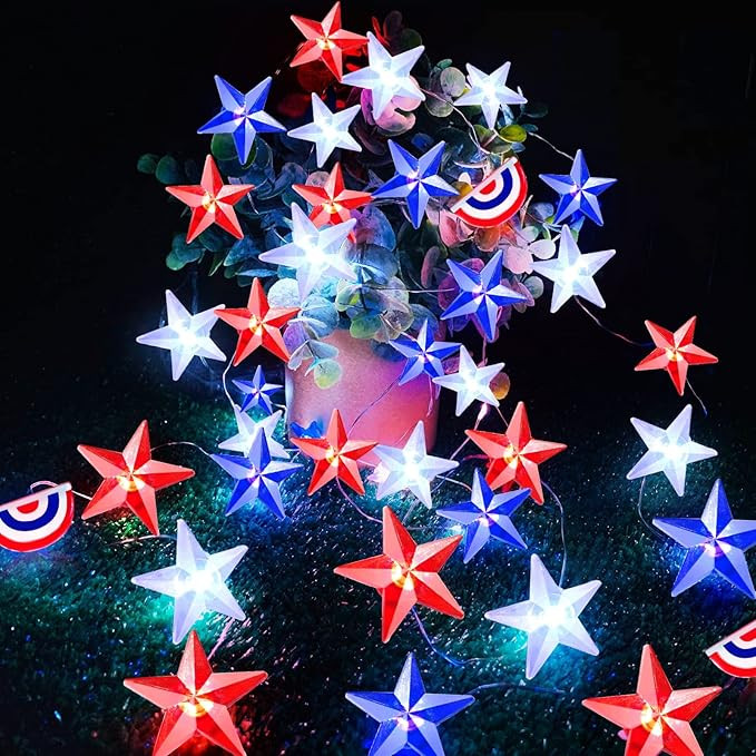 10Ft 40LED American Flag Star Lights, 4th of July Patriotic Decorations Red White and Blue Fairy ... | Amazon (US)