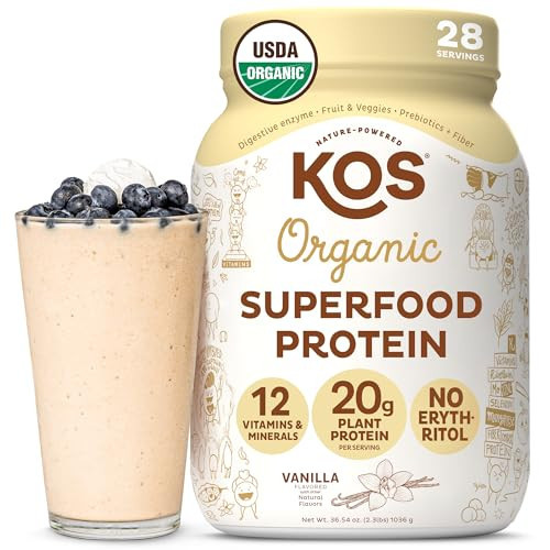 KOS Vegan Protein Powder Erythritol Free, Vanilla USDA Organic - Pea Protein Blend, Plant Based Superfood Rich in Vitamins & Minerals - Keto, Dairy Free - Meal Replacement for Women & Men, 28 Servings | Amazon (US)