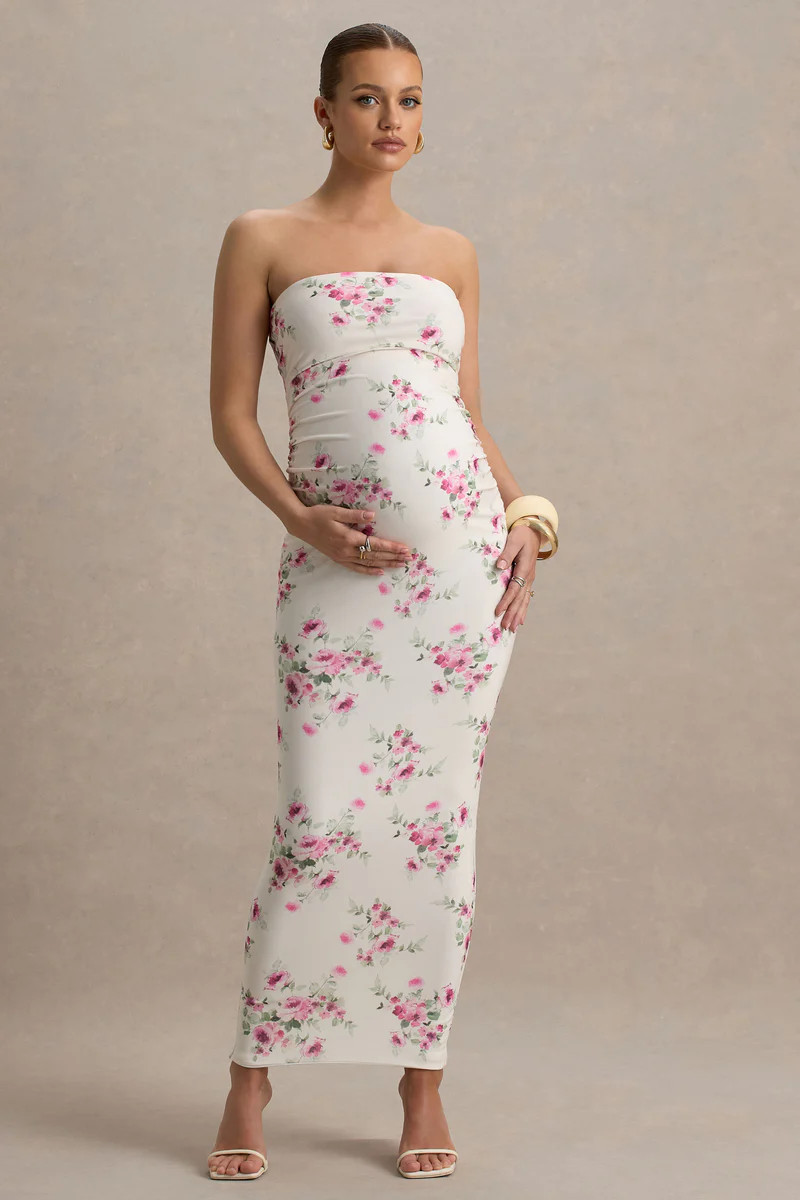 Juniper  Cream Floral Strapless Maternity Maxi Dress | Club L London