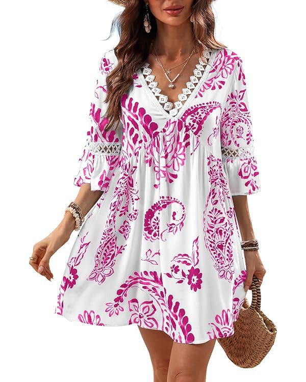 CUPSHE Women V Neck Lace Trim Mini Summer Dress Cover Up 3/4 Sleeve Ruffled Cuff Casual Sundress ... | Amazon (CA)