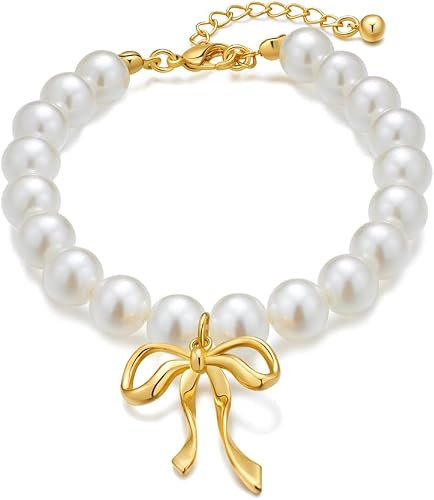 Pearl Bracelets For Women Gold Plated Chain Link Bracelets Bow Heart Charm Bracelets | Amazon (US)