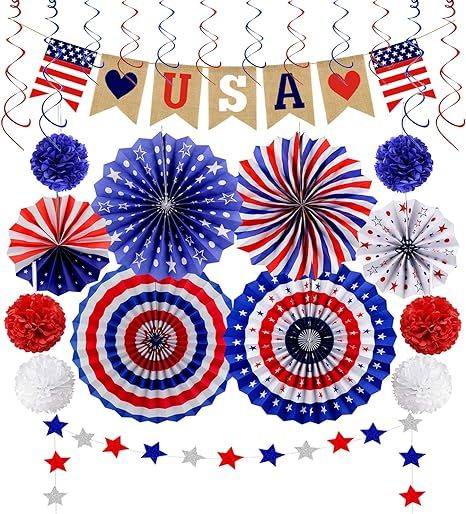 26Pcs Patriotic Decorations 4th of July Decor - LOVE USA Banner Red White Blue Paper Fans Star St... | Amazon (US)