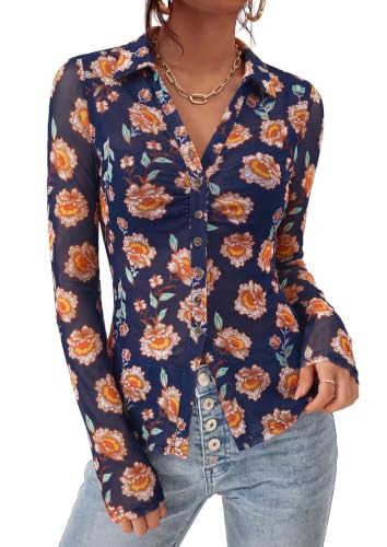 PRETTYGARDEN Women Button Down Floral Boho Shirts, Navy Blue Floral,M | Amazon (US)