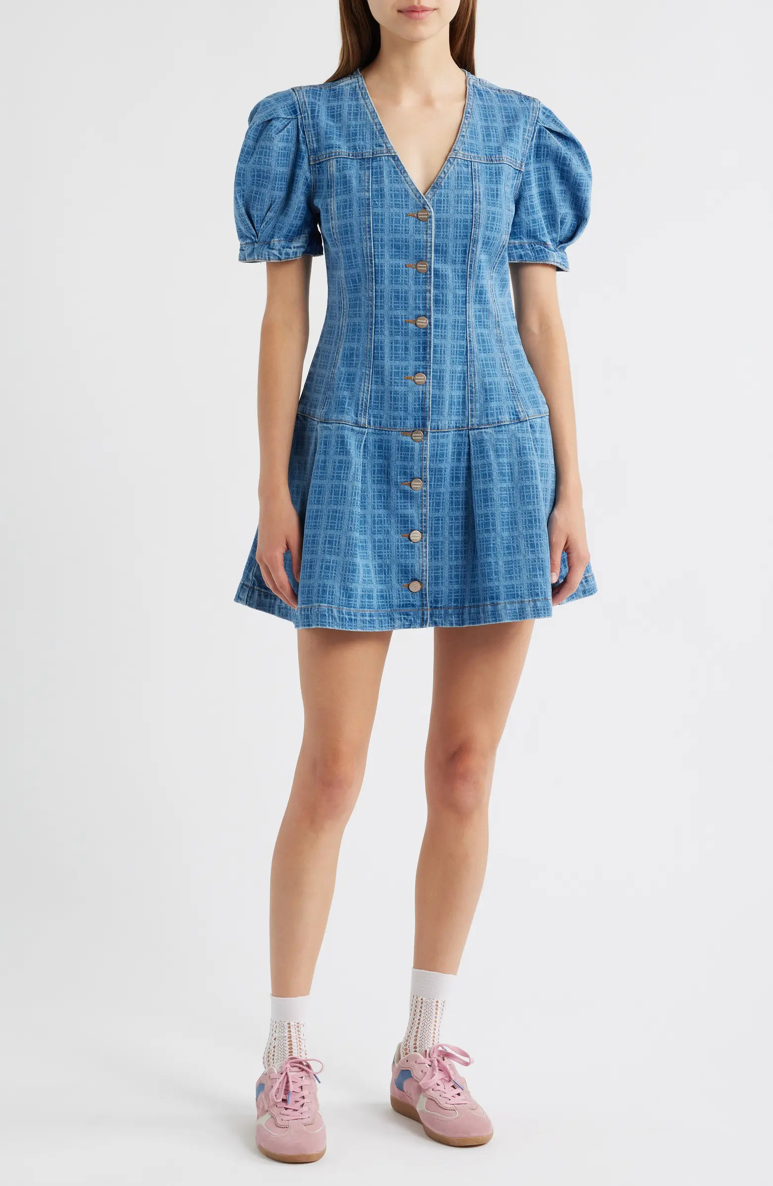 Damson Madder Adeline Grid Puff Sleeve Denim Minidress | Nordstrom | Nordstrom