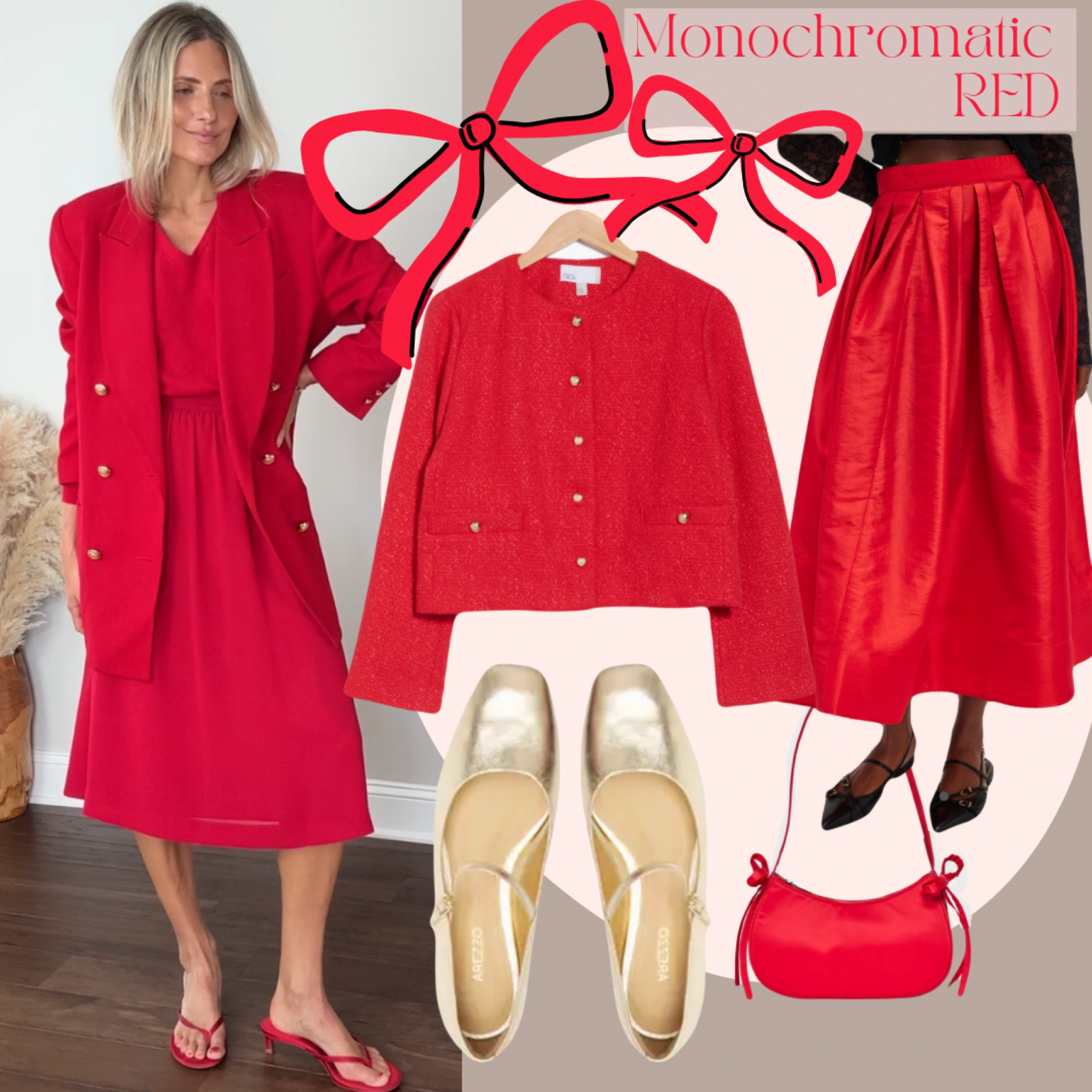 How to wear monochromatic red! Full midi skirt, tweed blazer with gold buttons, gold ballet flats, coquette inspired bow shoulder bag, Christmas outfits, holiday outfit, red on red. 

#LTKFindsUnder100 #LTKHoliday #LTKStyleTip