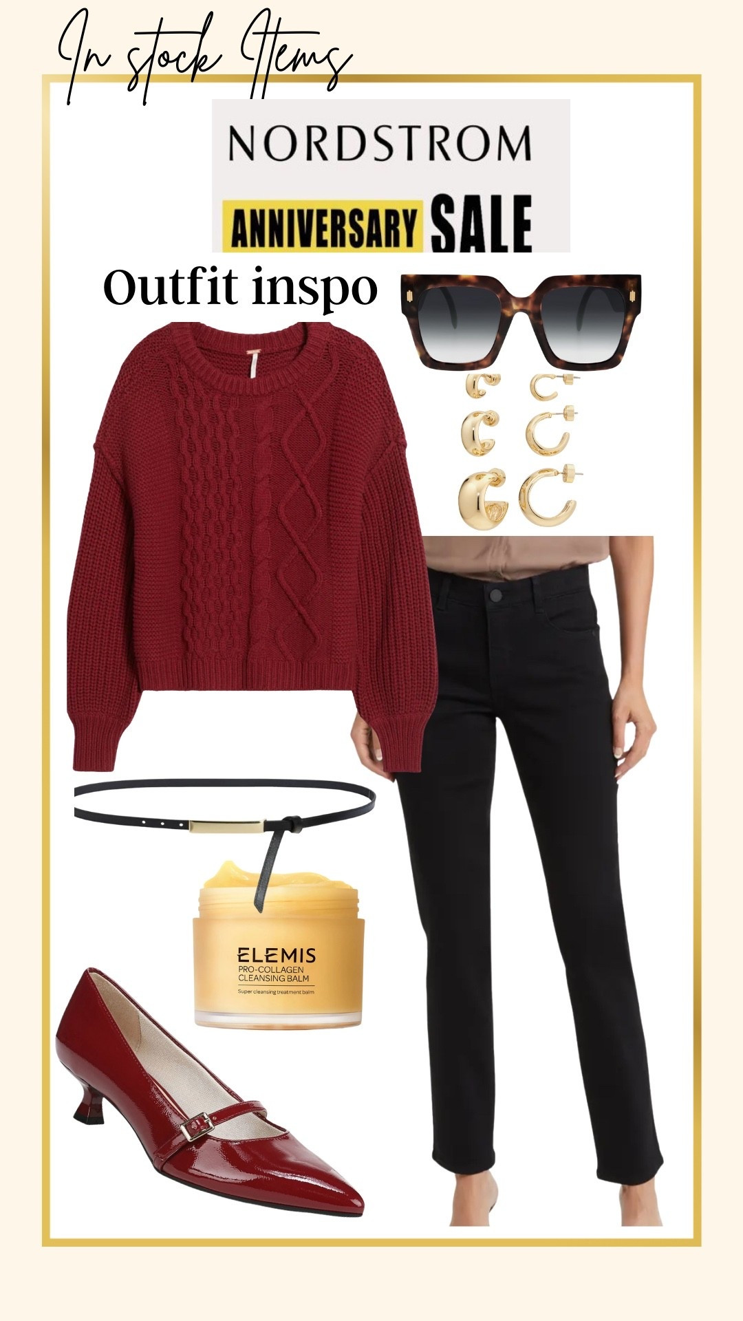 Nordstrom Anniversary sale items still in stock 

Wit & wisdom black jeans 
Fit tts fit looks like premium denim under $65 (you really want these! I have 5 pairs of their jeans 

Green people cable knit sweater 

Mimi Mimi sunglasses 

Elemis cleansing balm 

Great gold hoops earrings set  of 3 sizes 

 thin belt 

Cute Mary Jane kitten heel


#LTKStyleTip #LTKSaleAlert