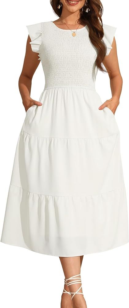 Echonina Women's 2024 Summer Dress Casual Flutter Sleeve Smocked High Waist Tiered Midi Dress wit... | Amazon (US)