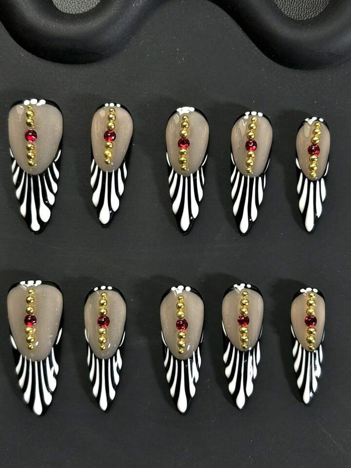 10pcs Long Almond-Shaped Handmade Wearable Y2K Style Armor. Simple French Striped Design With Han... | SHEIN