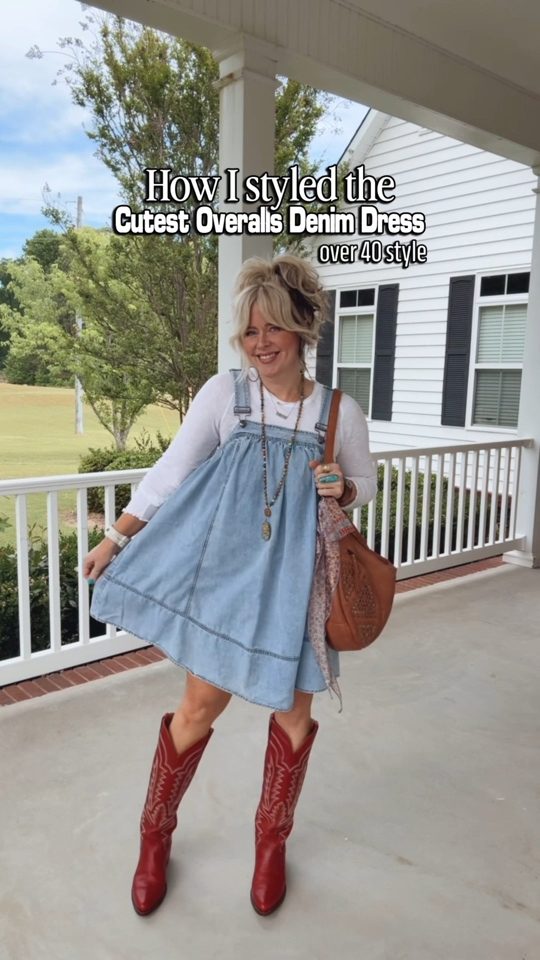 This denim overalls dress is so adorable and on sale. Wear with  tank, tee, or even long sleeve. Perfect w/ boots too! 
I’m in a medium  

#LTKSaleAlert #LTKOver40 #LTKootd