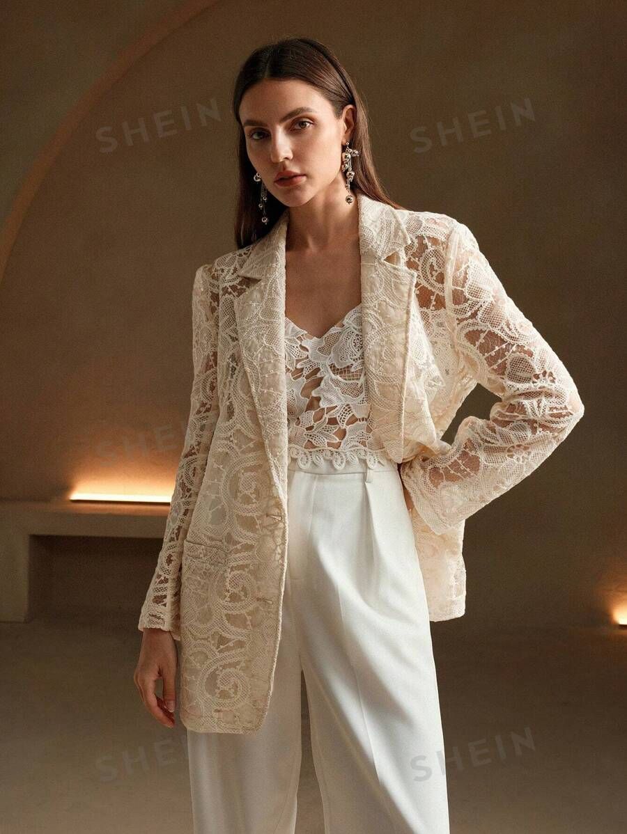 Anewsta Hollow Lace Collar French Romantic Lightweight Slim Fit Blazer | SHEIN