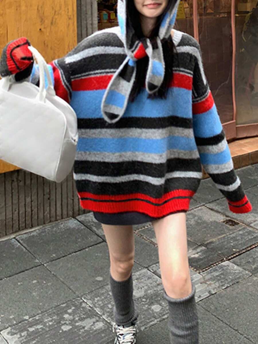 Alicedudu Women's Colorful Striped Crew Neck Sweater And Hat 2 Pieces Set, For Autumn/Winter | SHEIN